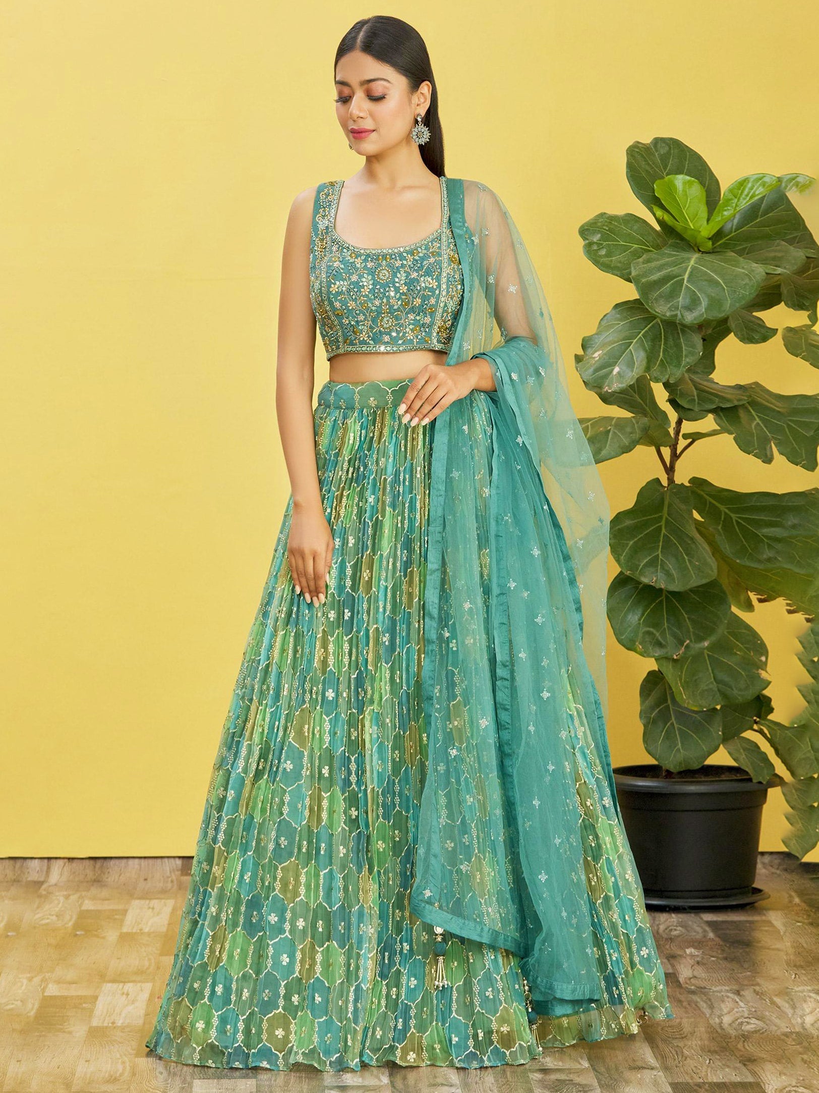 Jyoti Fashion Women's Green Organza Real Mirror with Sequins Thread Embroidered Lehenga Choli & Dupatta | Grocsy