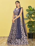 Jyoti Fashion Women's Blue Chinon Real Mirror with Sequins Thread Embroidered Lehenga Choli & Dupatta | Grocsy