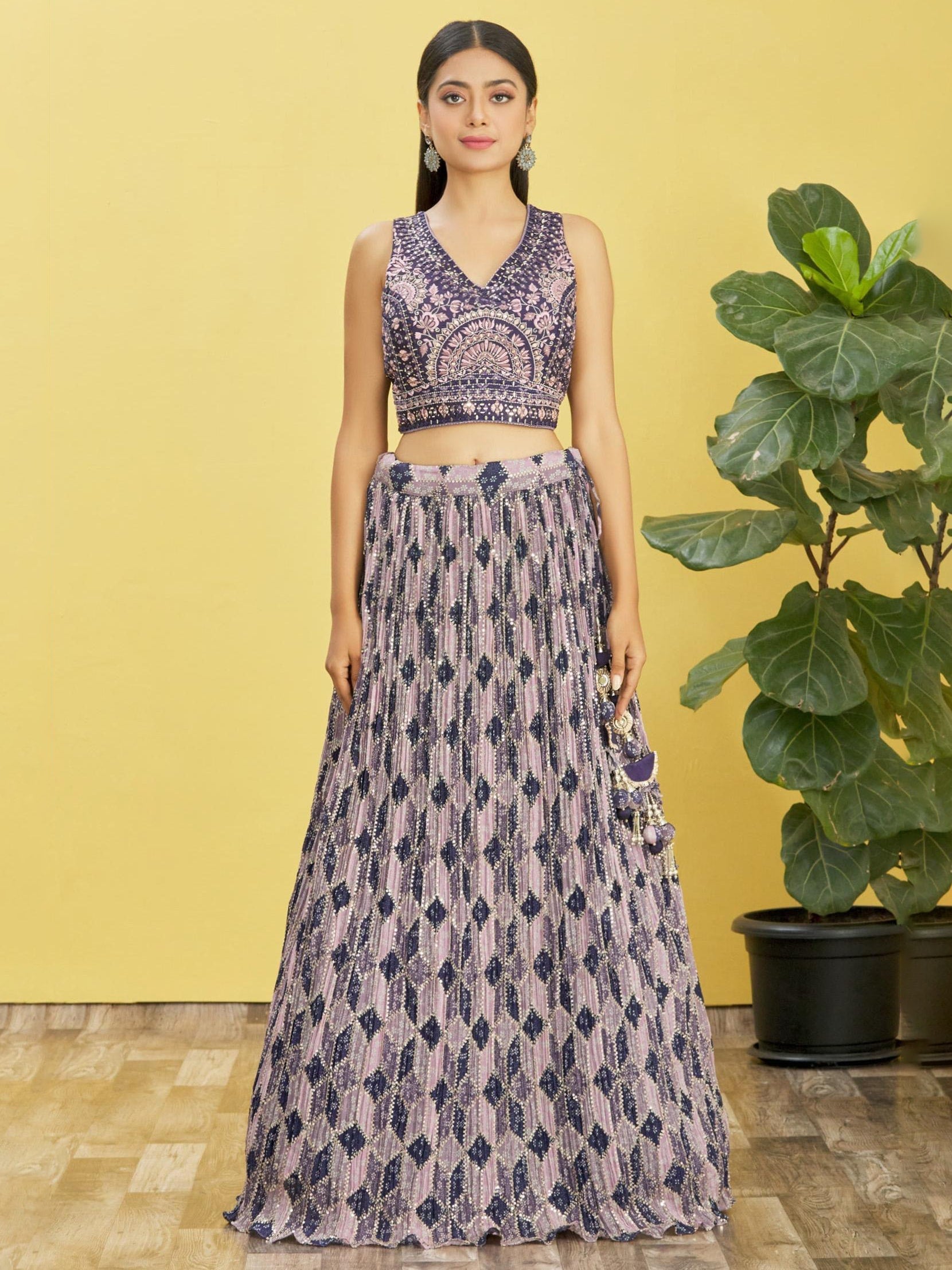 Jyoti Fashion Women's Blue Chinon Real Mirror with Sequins Thread Embroidered Lehenga Choli & Dupatta | Grocsy