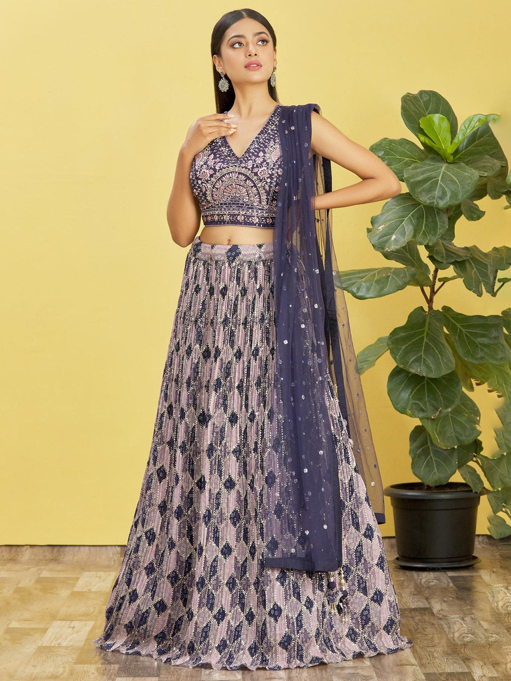 Jyoti Fashion Women's Blue Chinon Real Mirror with Sequins Thread Embroidered Lehenga Choli & Dupatta | Grocsy