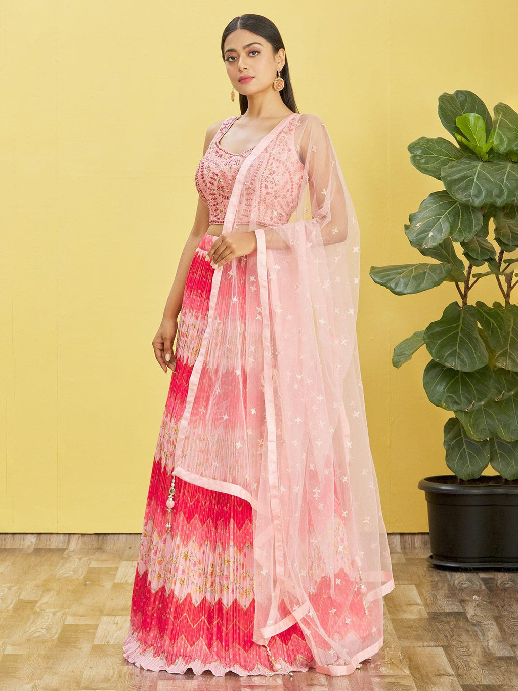 Jyoti Fashion Women's Pink Chinon Real Mirror with Sequins Thread Embroidered Lehenga Choli & Dupatta | Grocsy