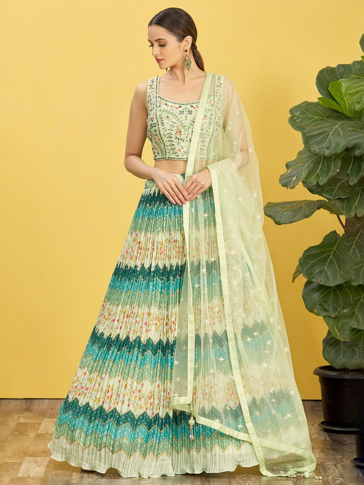 Jyoti Fashion Women's Green Chinon Real Mirror with Sequins Thread Embroidered Lehenga Choli & Dupatta | Grocsy
