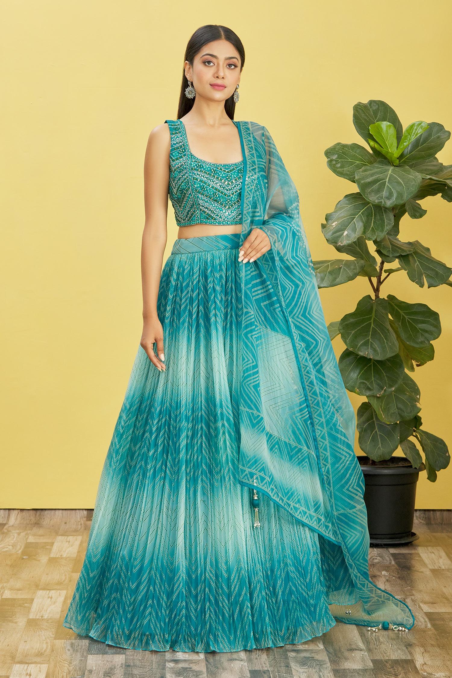 Jyoti Fashion Women's Blue Organza Real Mirror with Sequins Thread Embroidered Lehenga Choli & Dupatta | Grocsy