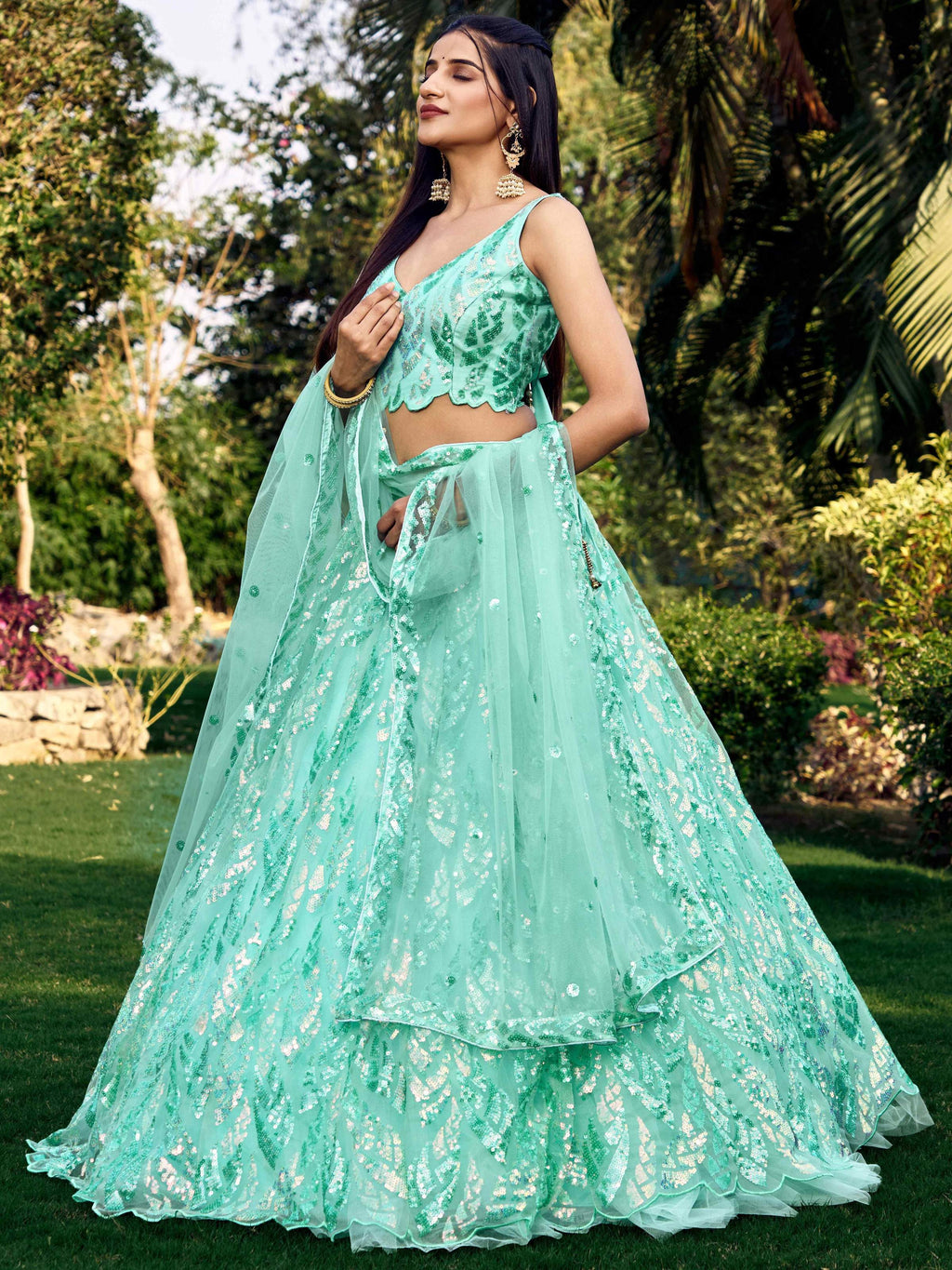 Jyoti Fashion Women's Blue Soft Net Multi Sequins Thread Embroidered Lehenga Choli & Dupatta | Grocsy