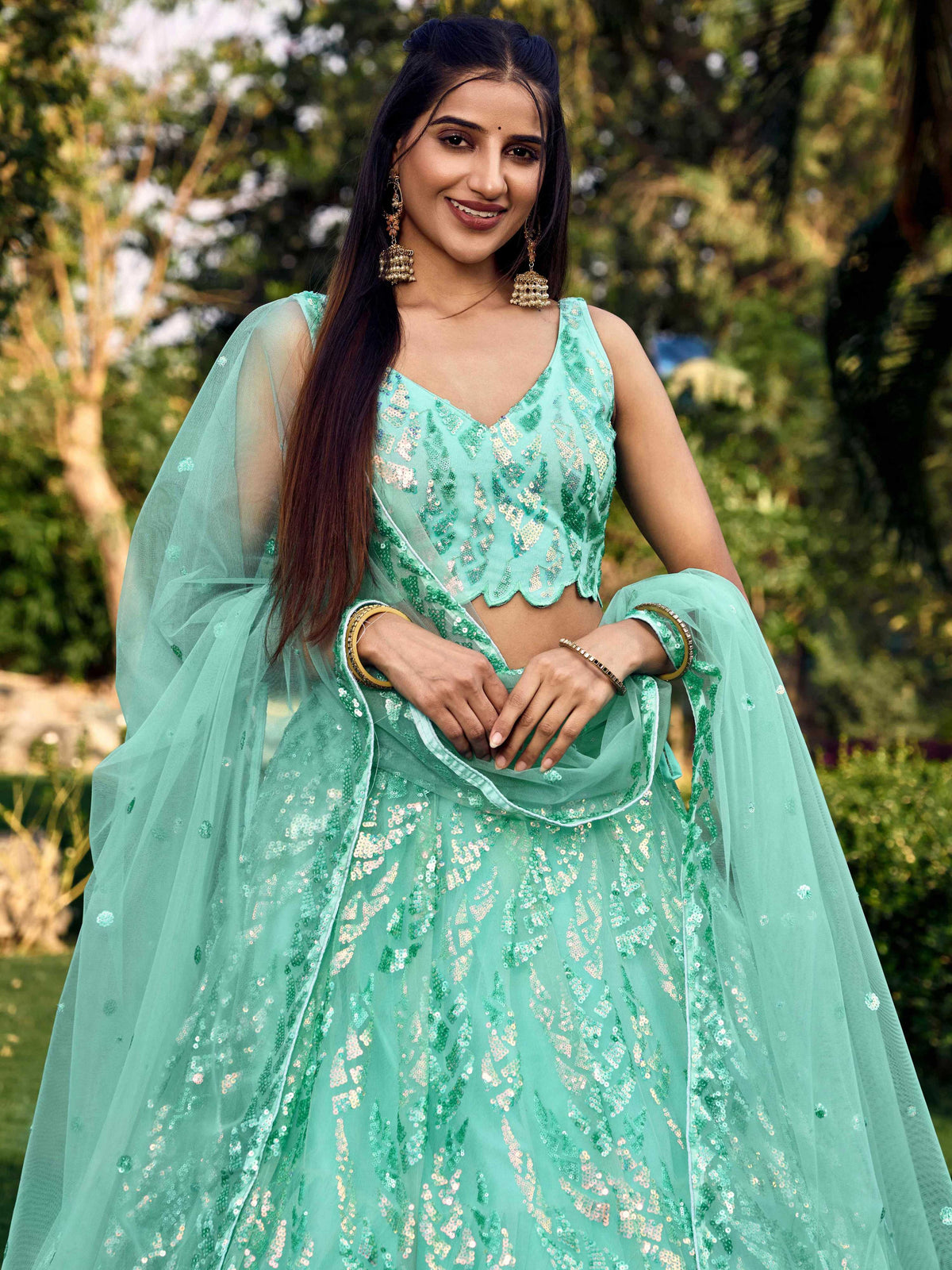 Jyoti Fashion Women's Blue Soft Net Multi Sequins Thread Embroidered Lehenga Choli & Dupatta | Grocsy