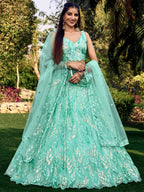 Jyoti Fashion Women's Blue Soft Net Multi Sequins Thread Embroidered Lehenga Choli & Dupatta | Grocsy