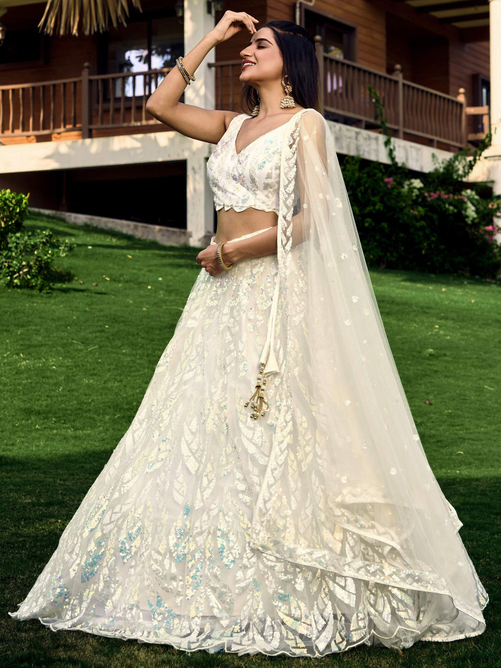Jyoti Fashion Women's White Soft Net Multi Sequins Thread Embroidered Lehenga Choli & Dupatta | Grocsy