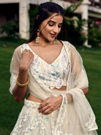 Jyoti Fashion Women's White Soft Net Multi Sequins Thread Embroidered Lehenga Choli & Dupatta | Grocsy