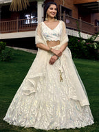 Jyoti Fashion Women's White Soft Net Multi Sequins Thread Embroidered Lehenga Choli & Dupatta | Grocsy