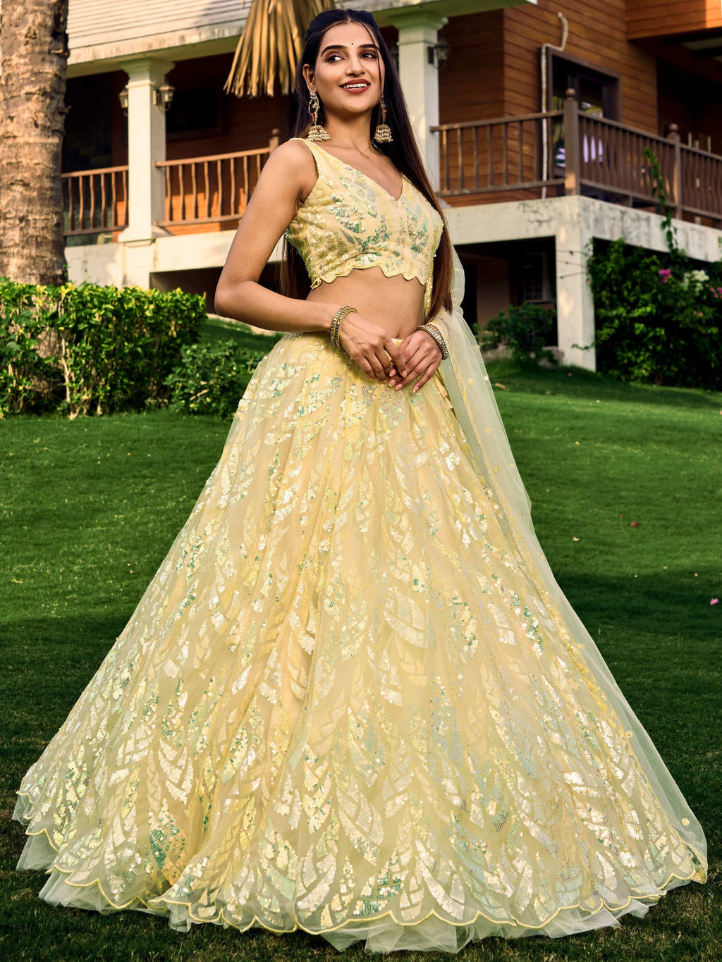 Jyoti Fashion Women's Yellow Soft Net Multi Sequins Thread Embroidered Lehenga Choli & Dupatta | Grocsy