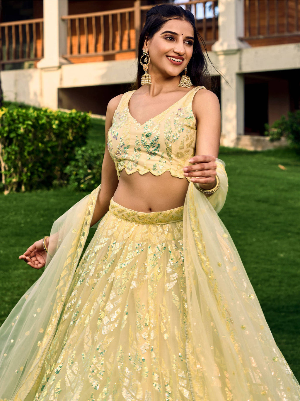 Jyoti Fashion Women's Yellow Soft Net Multi Sequins Thread Embroidered Lehenga Choli & Dupatta | Grocsy
