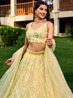 Jyoti Fashion Women's Yellow Soft Net Multi Sequins Thread Embroidered Lehenga Choli & Dupatta | Grocsy