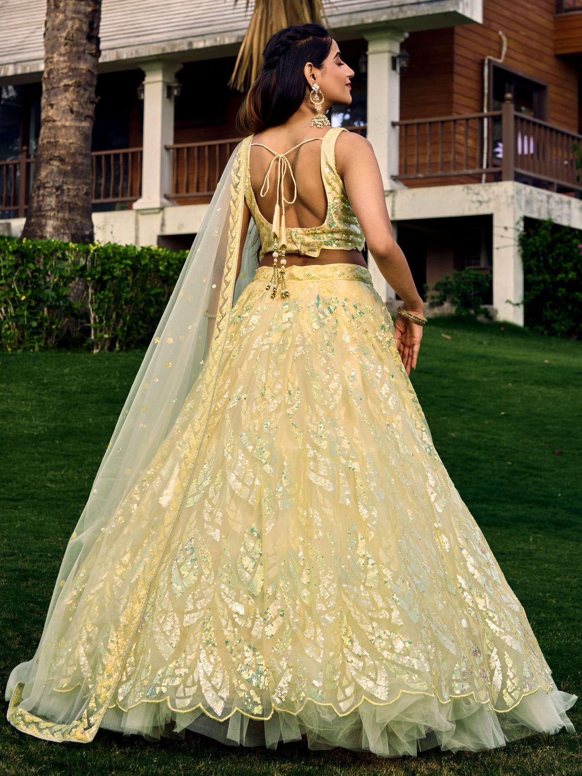 Jyoti Fashion Women's Yellow Soft Net Multi Sequins Thread Embroidered Lehenga Choli & Dupatta | Grocsy