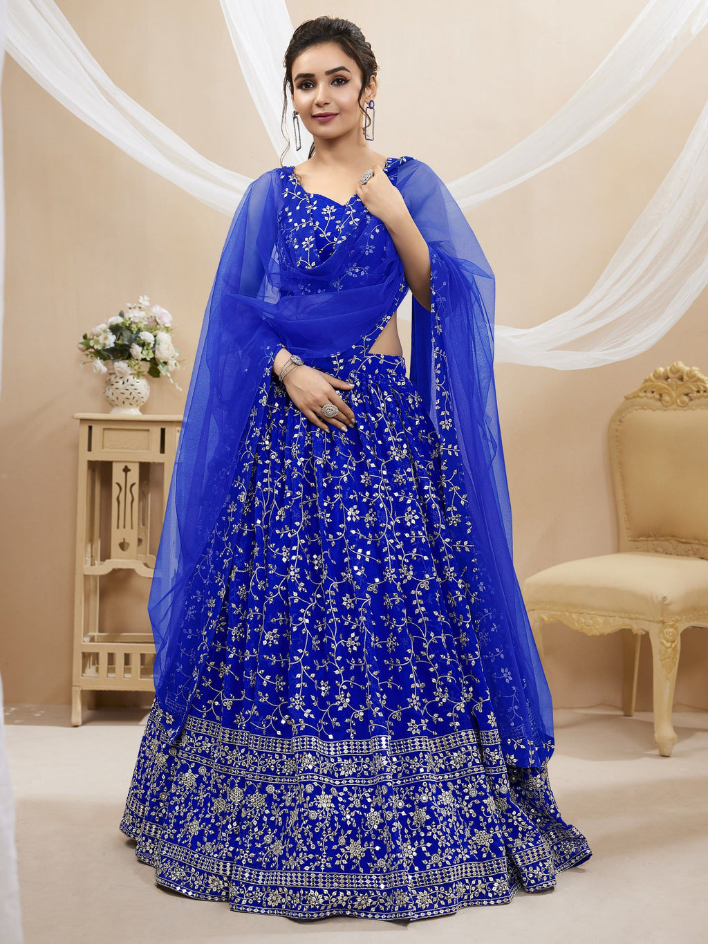 Jyoti Fashion Women's Blue Georgette Sequins Zari Embroidered Lehenga Choli & Dupatta | Grocsy