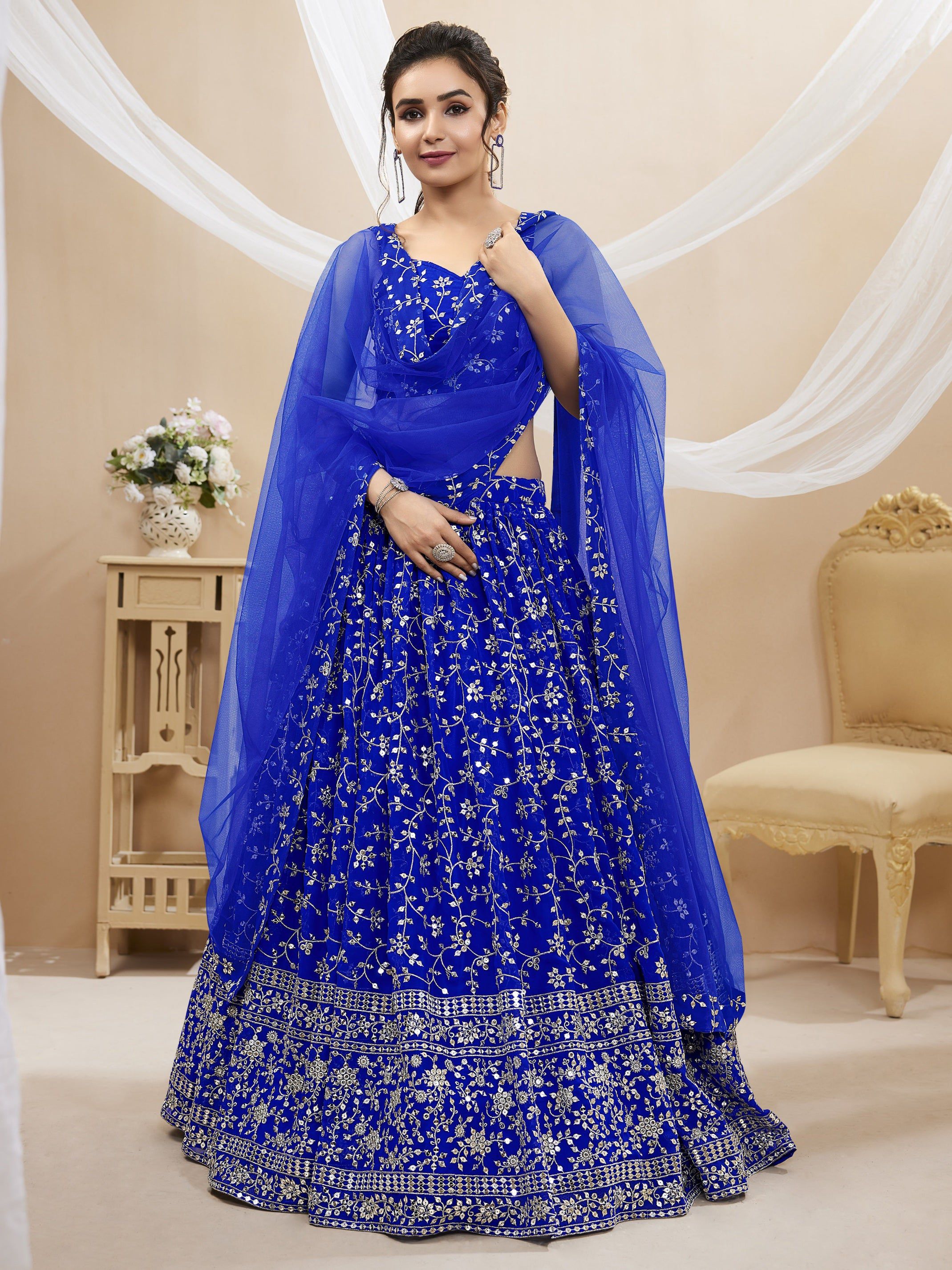 Jyoti Fashion Women's Blue Georgette Sequins Zari Embroidered Lehenga Choli & Dupatta | Grocsy