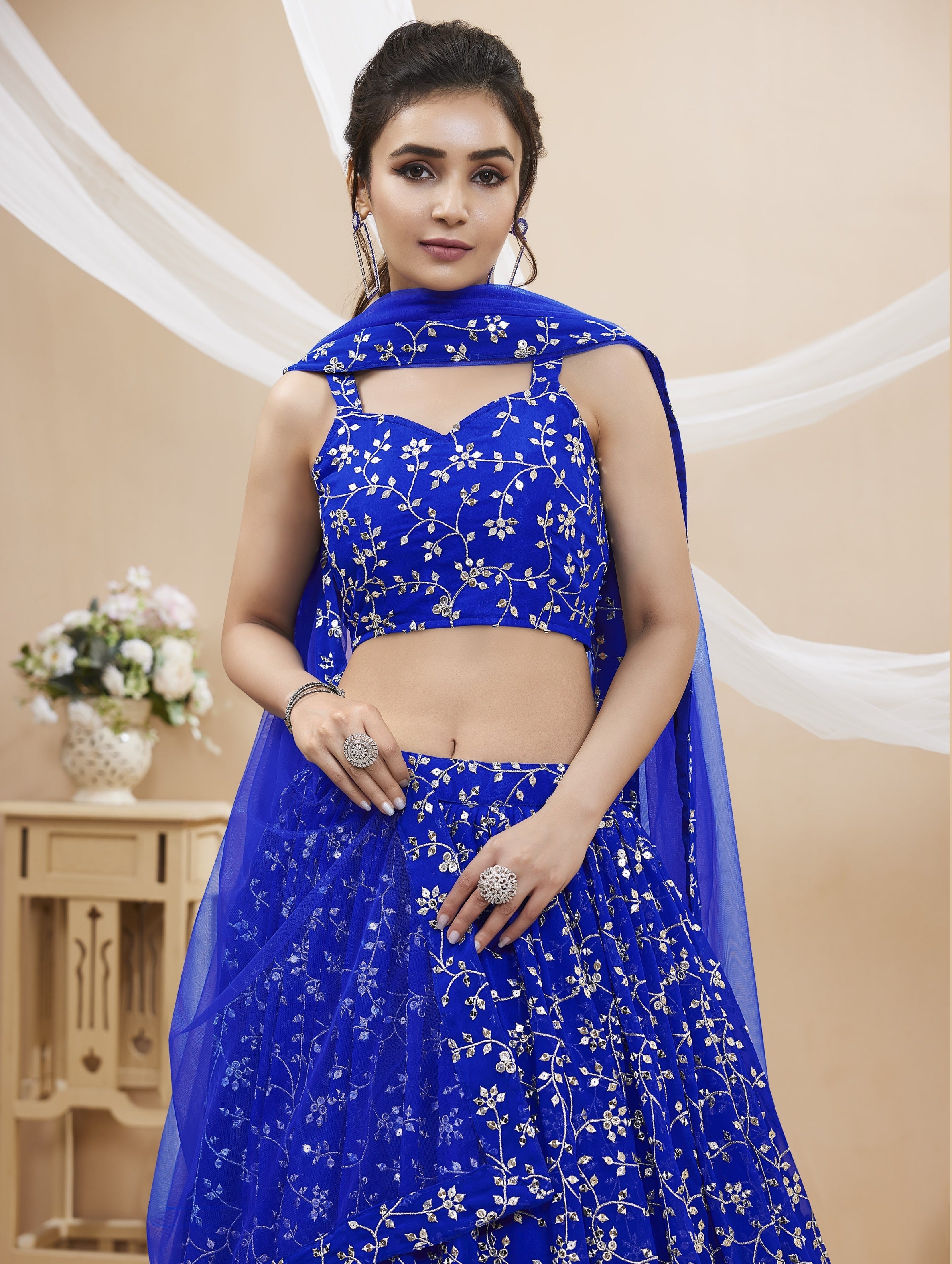 Jyoti Fashion Women's Blue Georgette Sequins Zari Embroidered Lehenga Choli & Dupatta | Grocsy