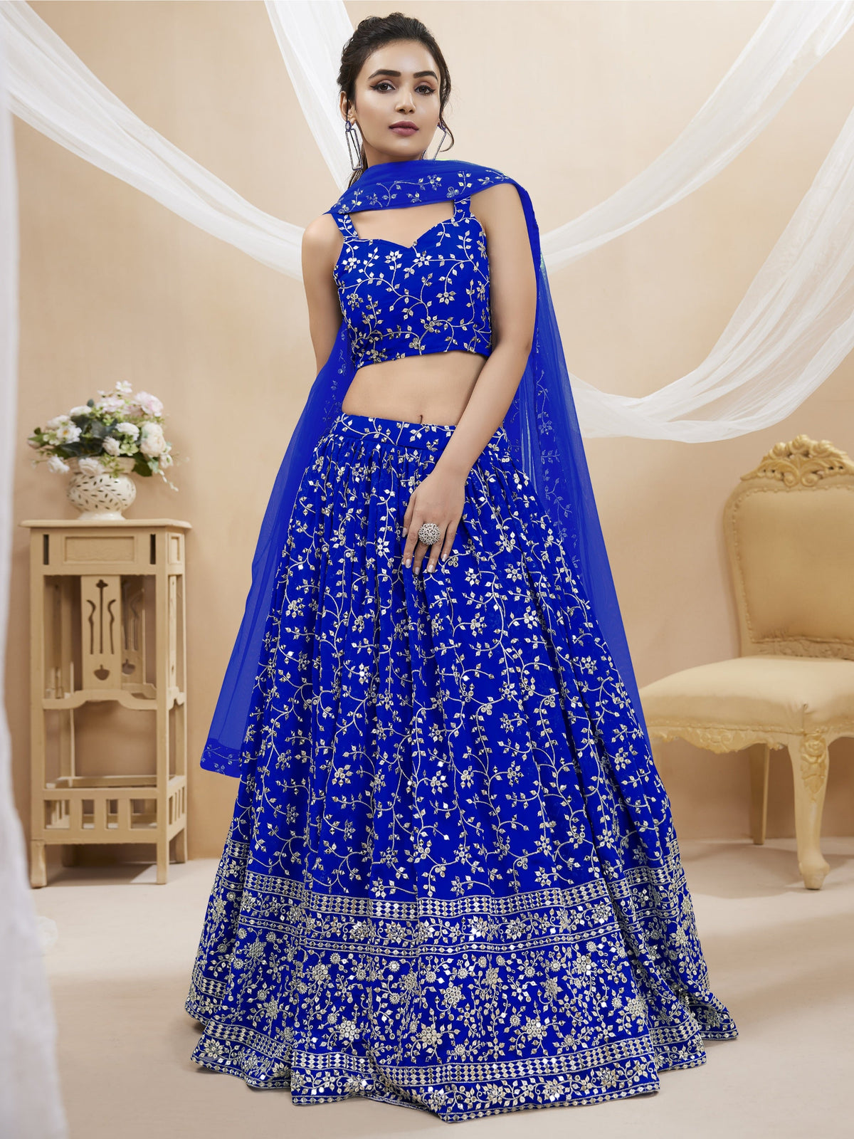 Jyoti Fashion Women's Blue Georgette Sequins Zari Embroidered Lehenga Choli & Dupatta | Grocsy