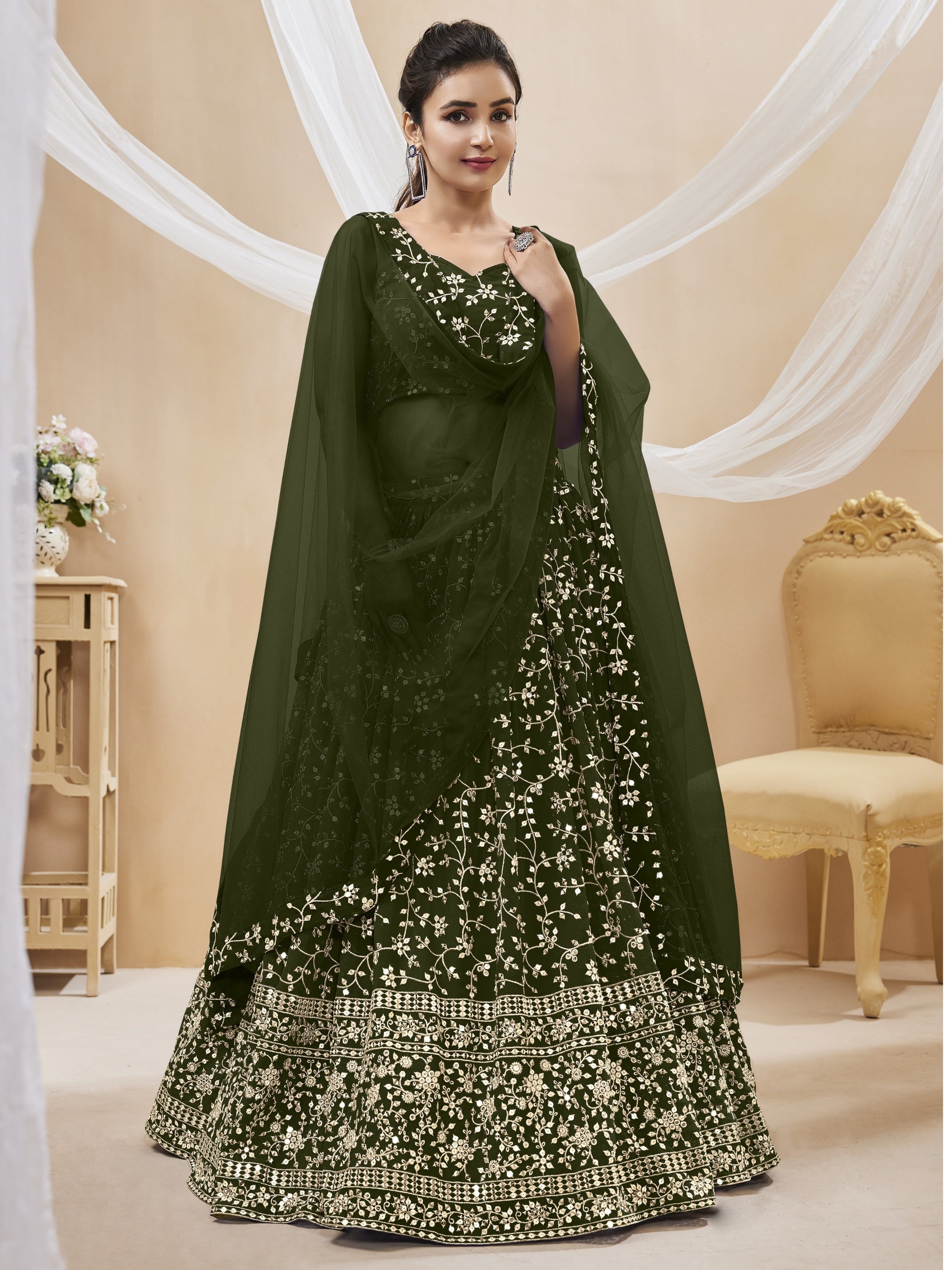Jyoti Fashion Women's Green Georgette Sequins Zari Embroidered Lehenga Choli & Dupatta | Grocsy