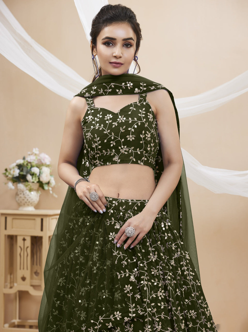 Jyoti Fashion Women's Green Georgette Sequins Zari Embroidered Lehenga Choli & Dupatta | Grocsy