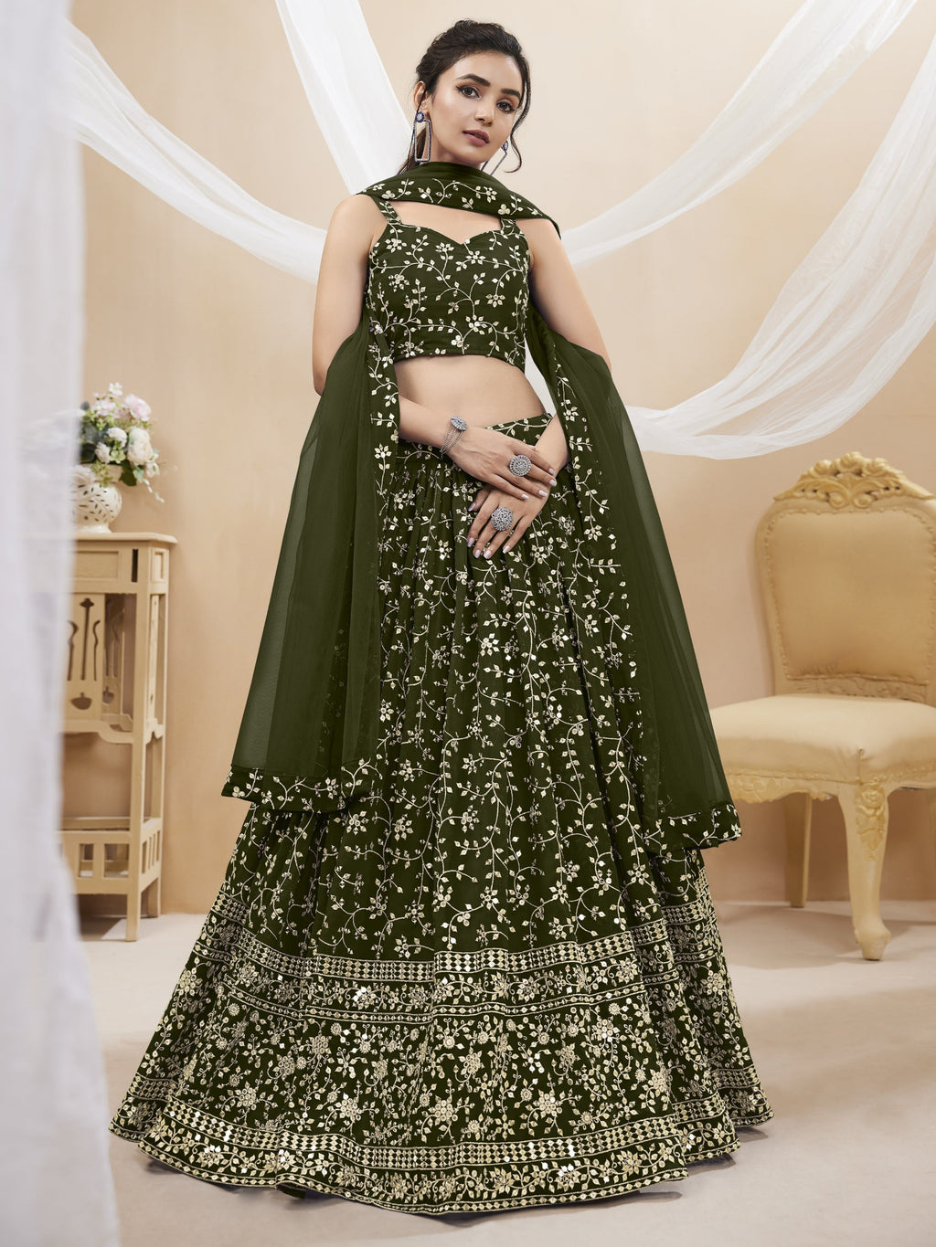 Jyoti Fashion Women's Green Georgette Sequins Zari Embroidered Lehenga Choli & Dupatta | Grocsy
