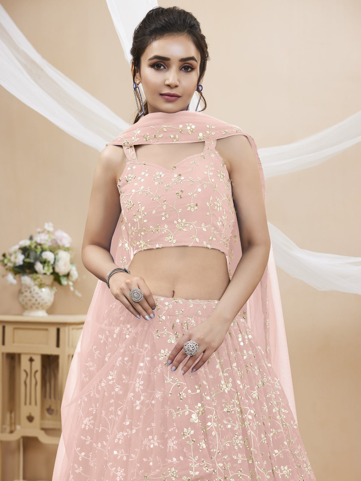Jyoti Fashion Women's Baby Pink Georgette Sequins Zari Embroidered Lehenga Choli & Dupatta | Grocsy