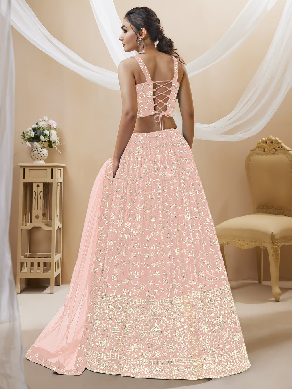 Jyoti Fashion Women's Baby Pink Georgette Sequins Zari Embroidered Lehenga Choli & Dupatta | Grocsy