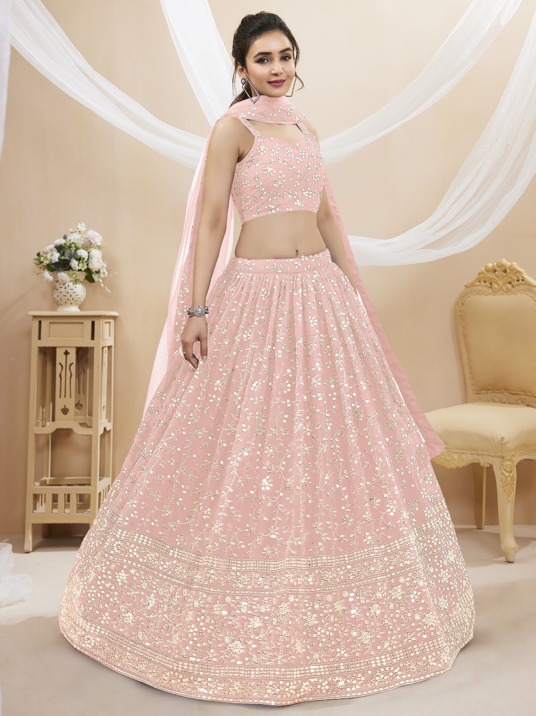 Jyoti Fashion Women's Baby Pink Georgette Sequins Zari Embroidered Lehenga Choli & Dupatta | Grocsy