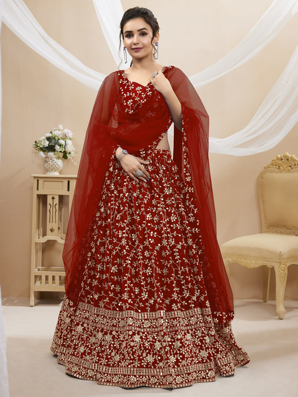 Jyoti Fashion Women's Maroon Georgette Sequins Zari Embroidered Lehenga Choli & Dupatta | Grocsy