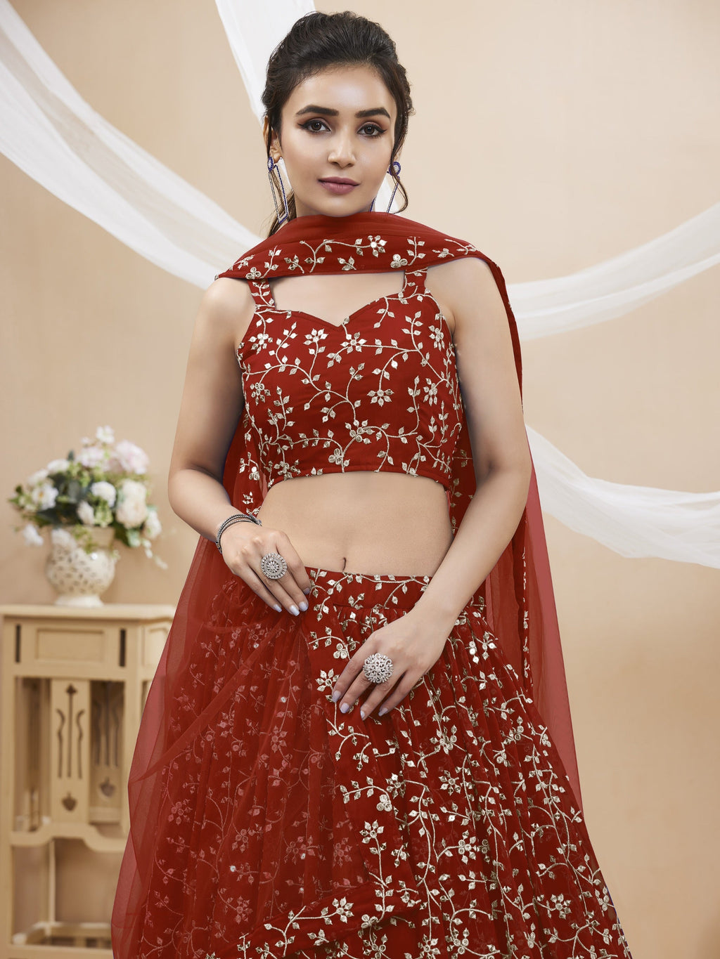 Jyoti Fashion Women's Maroon Georgette Sequins Zari Embroidered Lehenga Choli & Dupatta | Grocsy