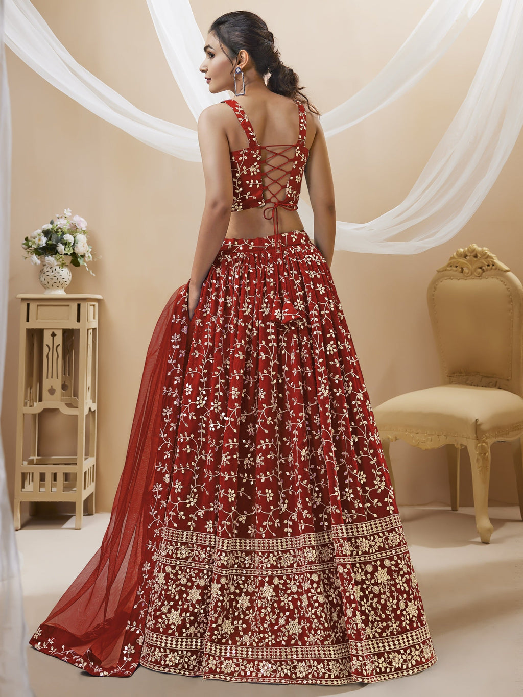 Jyoti Fashion Women's Maroon Georgette Sequins Zari Embroidered Lehenga Choli & Dupatta | Grocsy