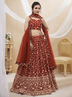Jyoti Fashion Women's Maroon Georgette Sequins Zari Embroidered Lehenga Choli & Dupatta | Grocsy