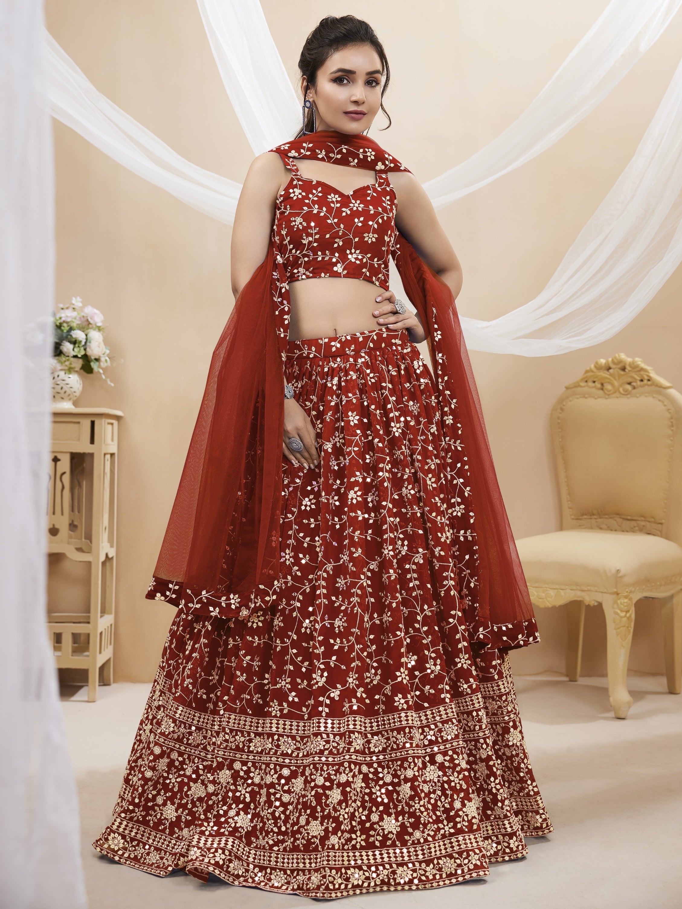 Jyoti Fashion Women's Maroon Georgette Sequins Zari Embroidered Lehenga Choli & Dupatta | Grocsy