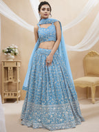 Jyoti Fashion Women's Sky Blue Georgette Sequins Zari Embroidered Lehenga Choli & Dupatta | Grocsy