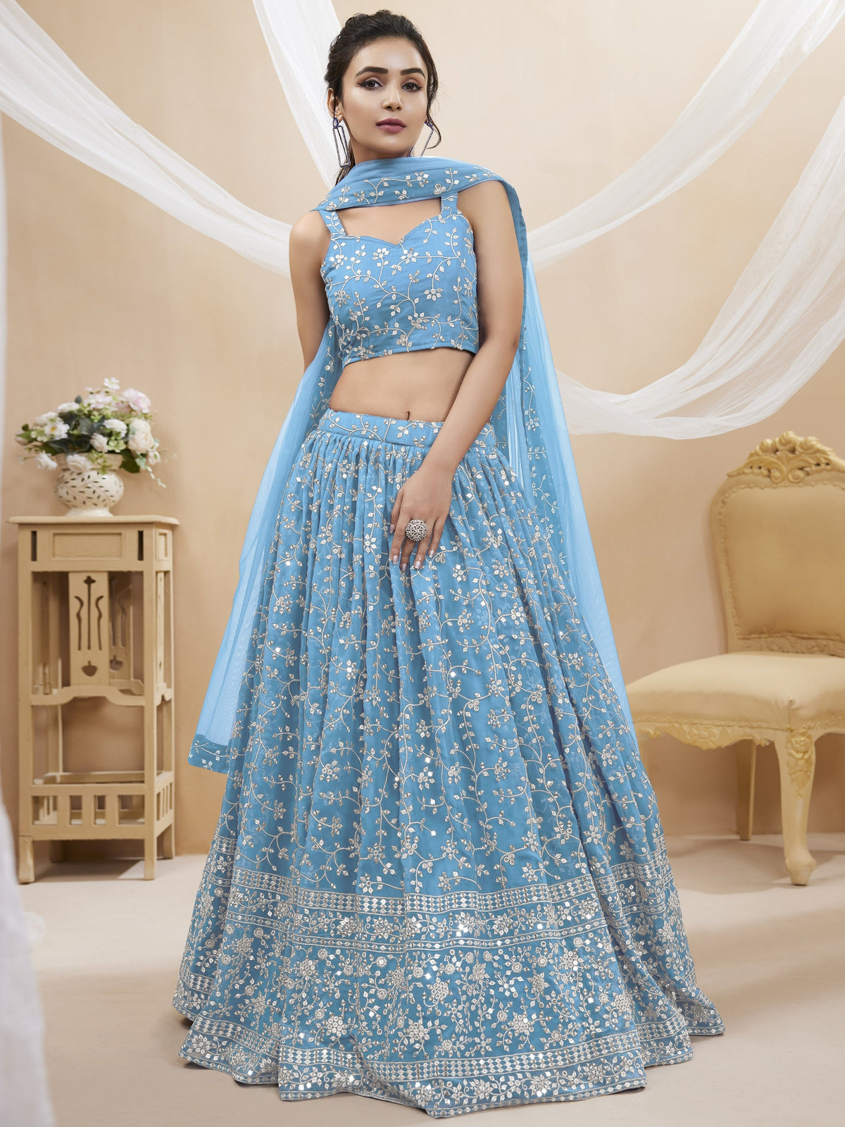 Jyoti Fashion Women's Sky Blue Georgette Sequins Zari Embroidered Lehenga Choli & Dupatta | Grocsy