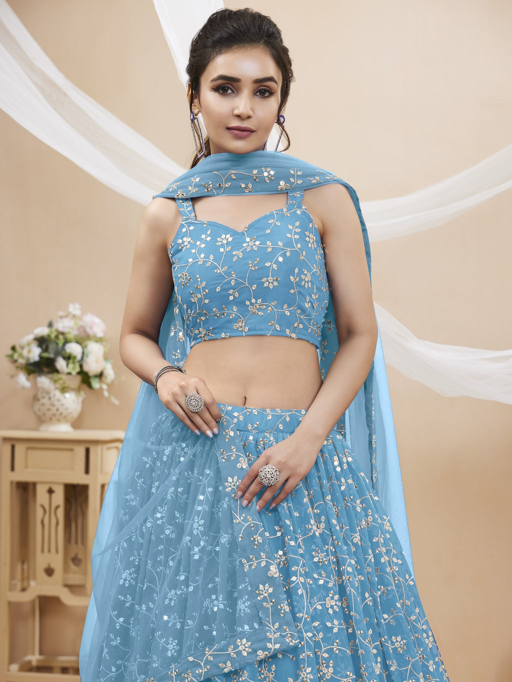 Jyoti Fashion Women's Sky Blue Georgette Sequins Zari Embroidered Lehenga Choli & Dupatta | Grocsy
