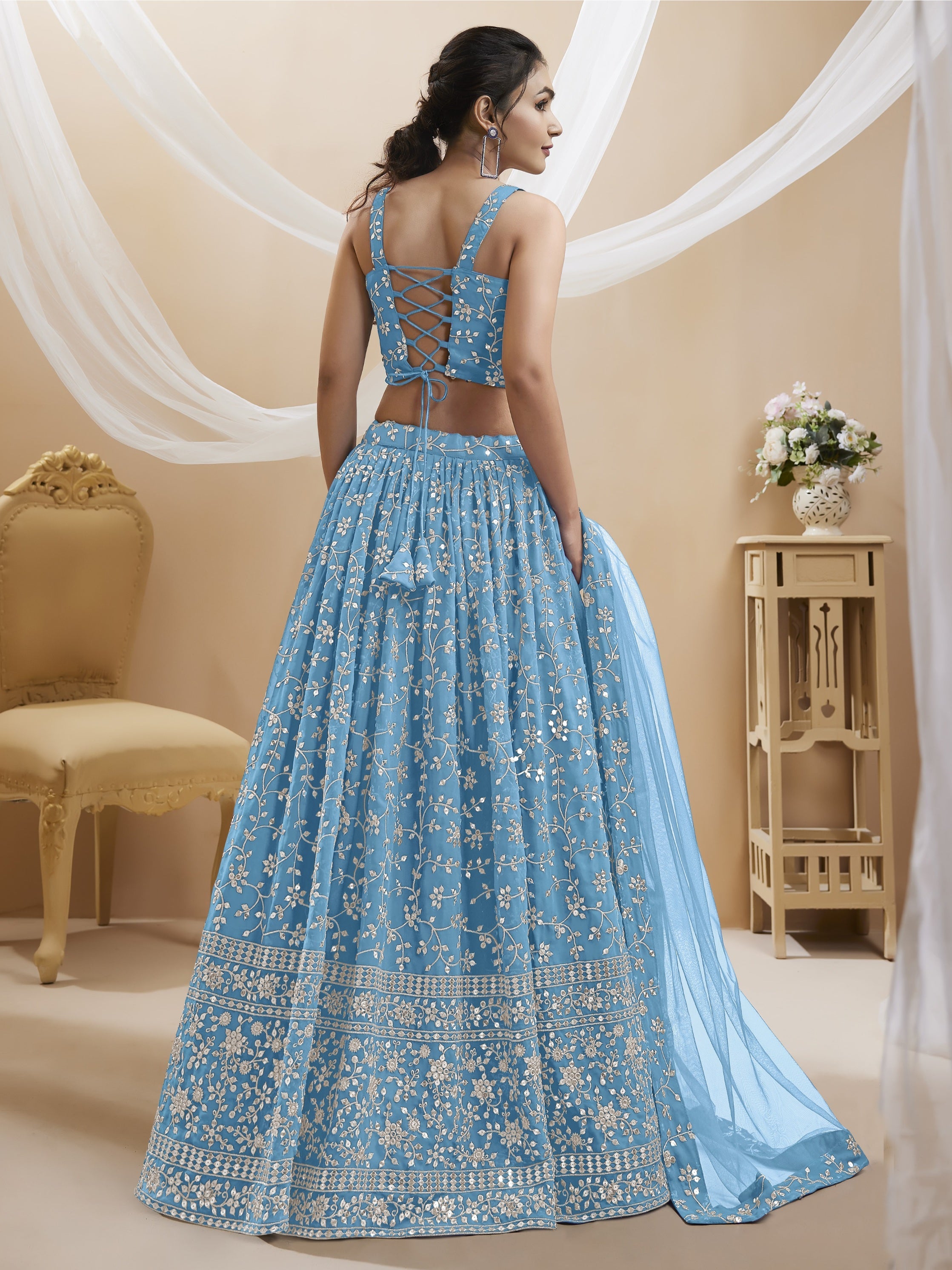 Jyoti Fashion Women's Sky Blue Georgette Sequins Zari Embroidered Lehenga Choli & Dupatta | Grocsy