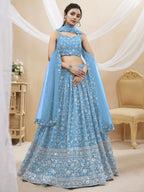 Jyoti Fashion Women's Sky Blue Georgette Sequins Zari Embroidered Lehenga Choli & Dupatta | Grocsy