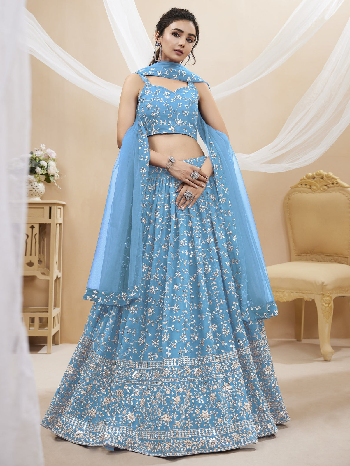 Jyoti Fashion Women's Sky Blue Georgette Sequins Zari Embroidered Lehenga Choli & Dupatta | Grocsy
