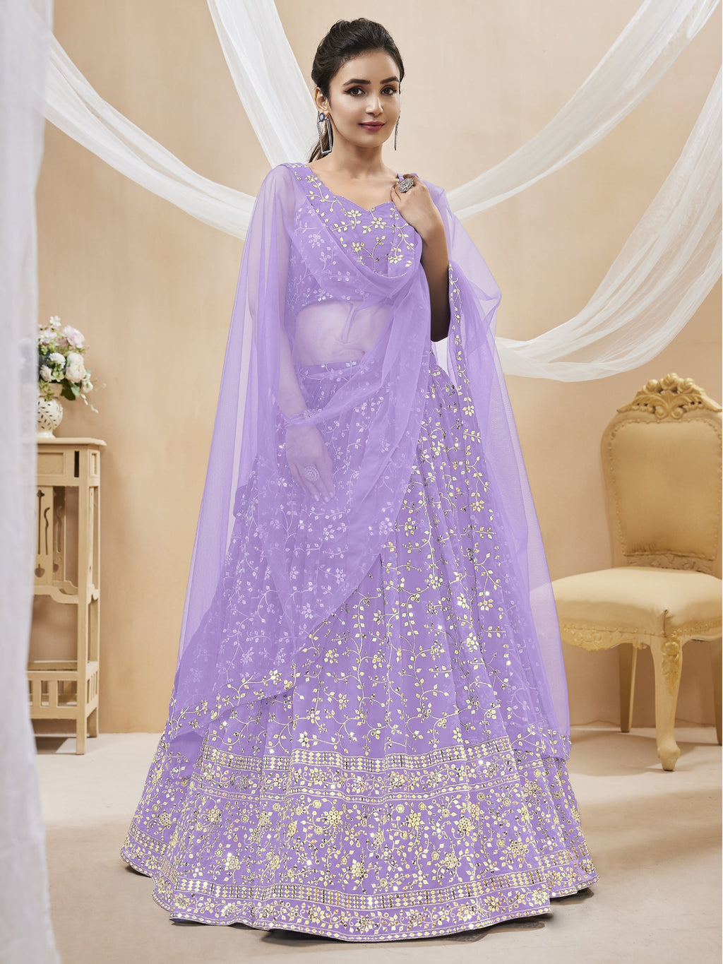 Jyoti Fashion Women's Lavender Georgette Sequins Zari Embroidered Lehenga Choli & Dupatta | Grocsy