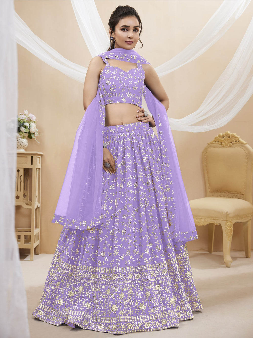 Jyoti Fashion Women's Lavender Georgette Sequins Zari Embroidered Lehenga Choli & Dupatta | Grocsy