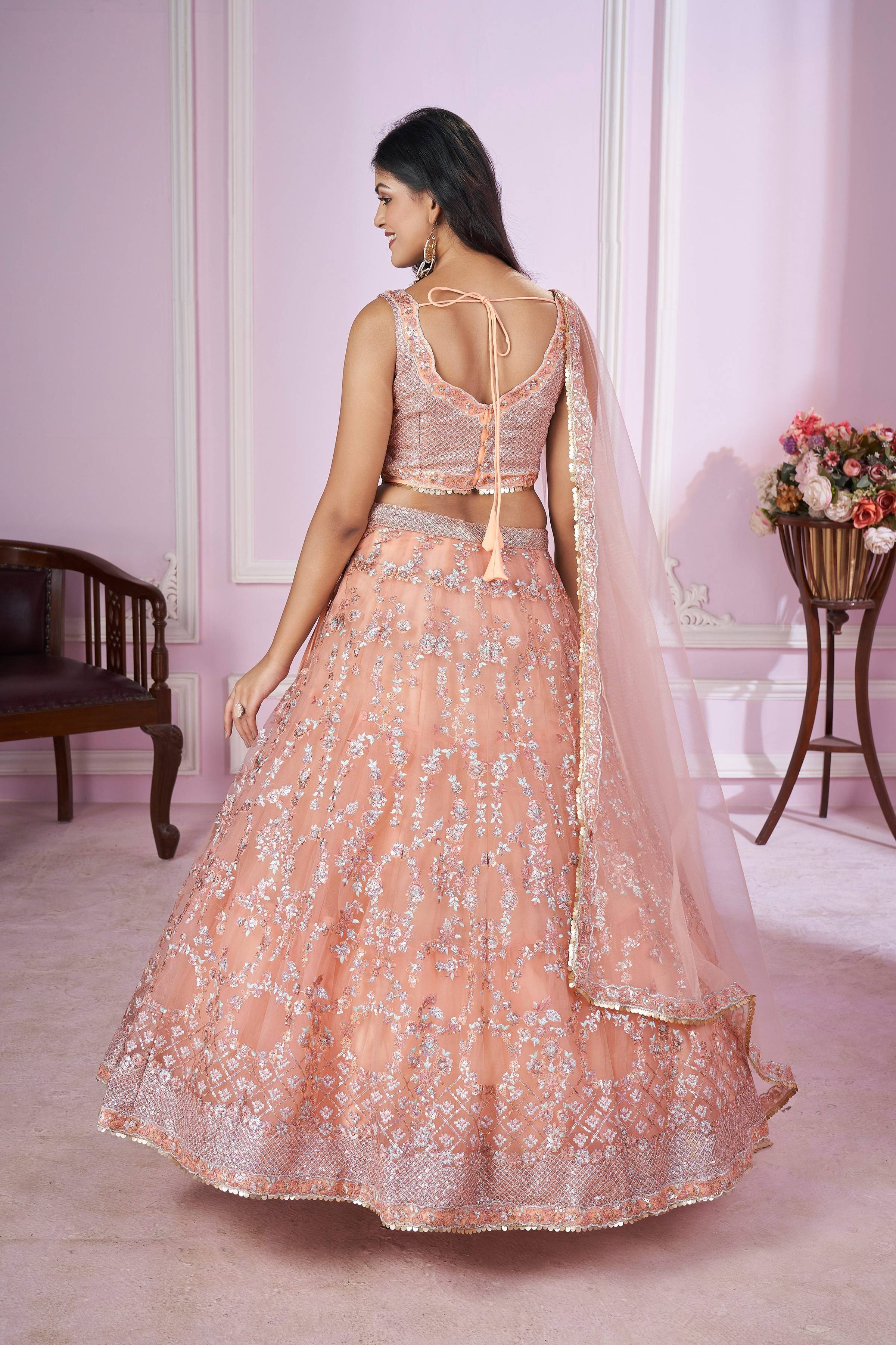 Jyoti Fashion Women's Baby Pink Soft Net Sequins Thread Embroidered Lehenga Choli & Dupatta | Grocsy