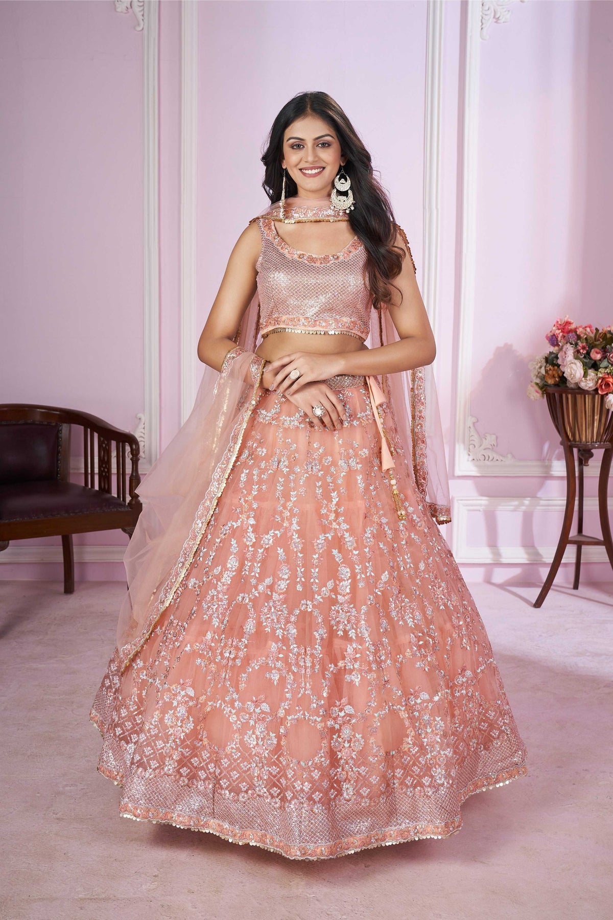 Jyoti Fashion Women's Baby Pink Soft Net Sequins Thread Embroidered Lehenga Choli & Dupatta | Grocsy