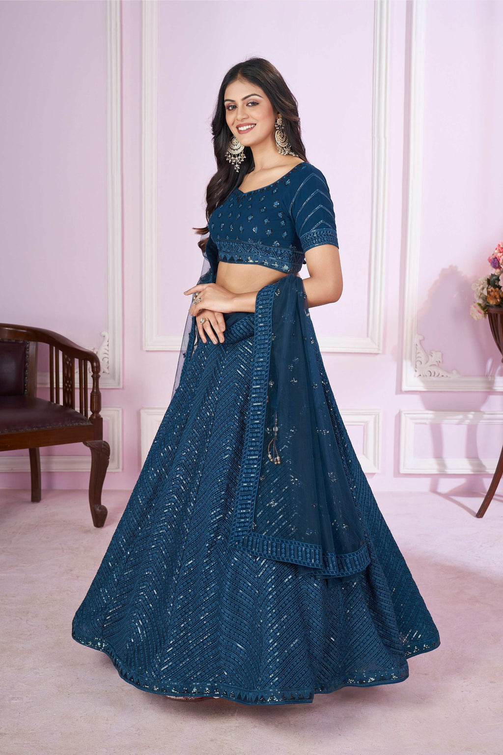 Jyoti Fashion Women's Teal Georgette Sequins Thread Embroidered Lehenga Choli & Dupatta | Grocsy