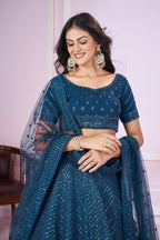 Jyoti Fashion Women's Teal Georgette Sequins Thread Embroidered Lehenga Choli & Dupatta | Grocsy