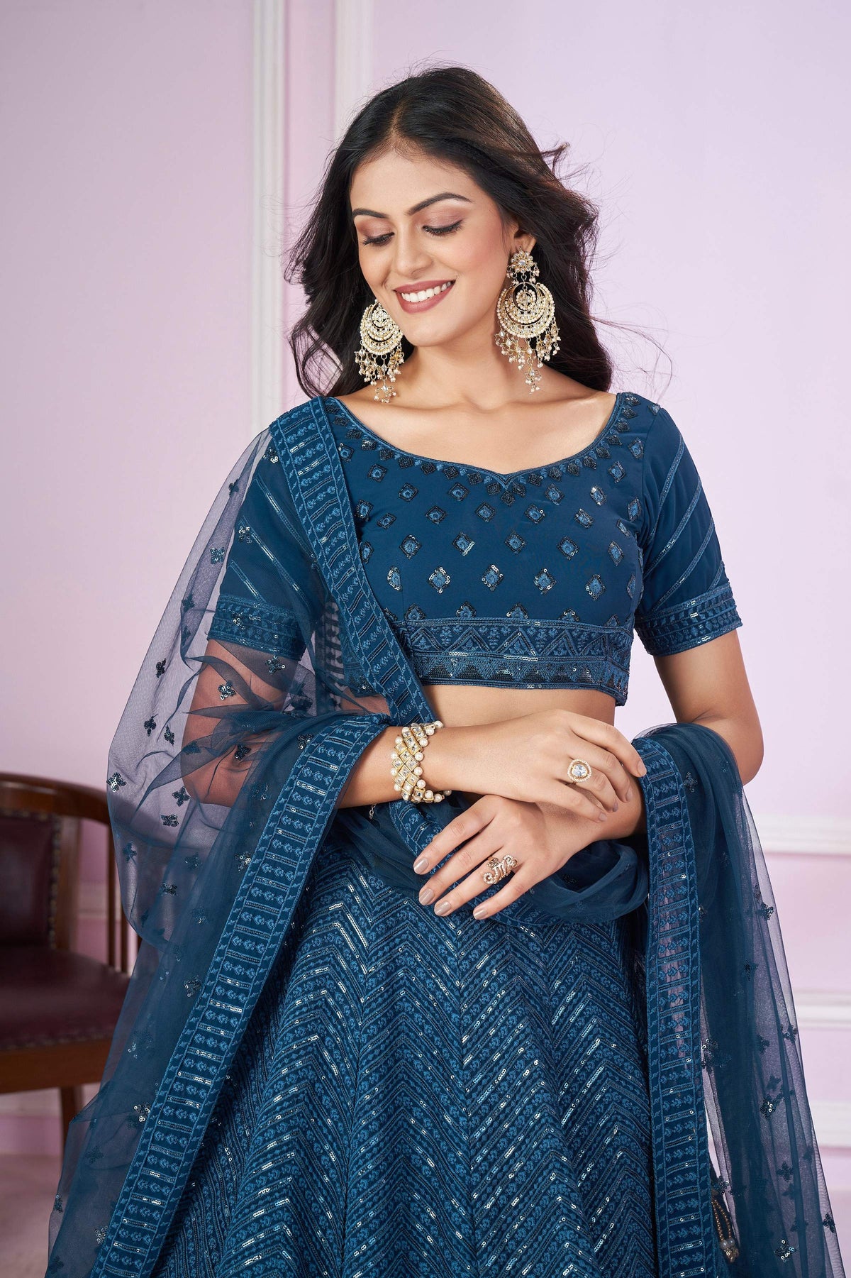 Jyoti Fashion Women's Teal Georgette Sequins Thread Embroidered Lehenga Choli & Dupatta | Grocsy