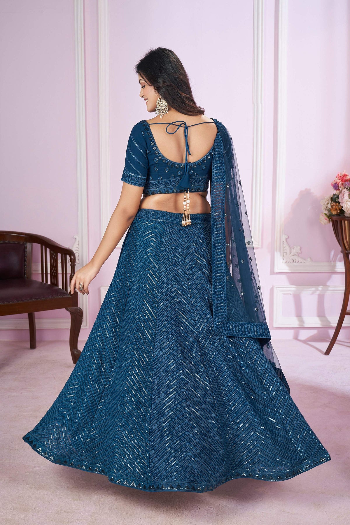 Jyoti Fashion Women's Teal Georgette Sequins Thread Embroidered Lehenga Choli & Dupatta | Grocsy