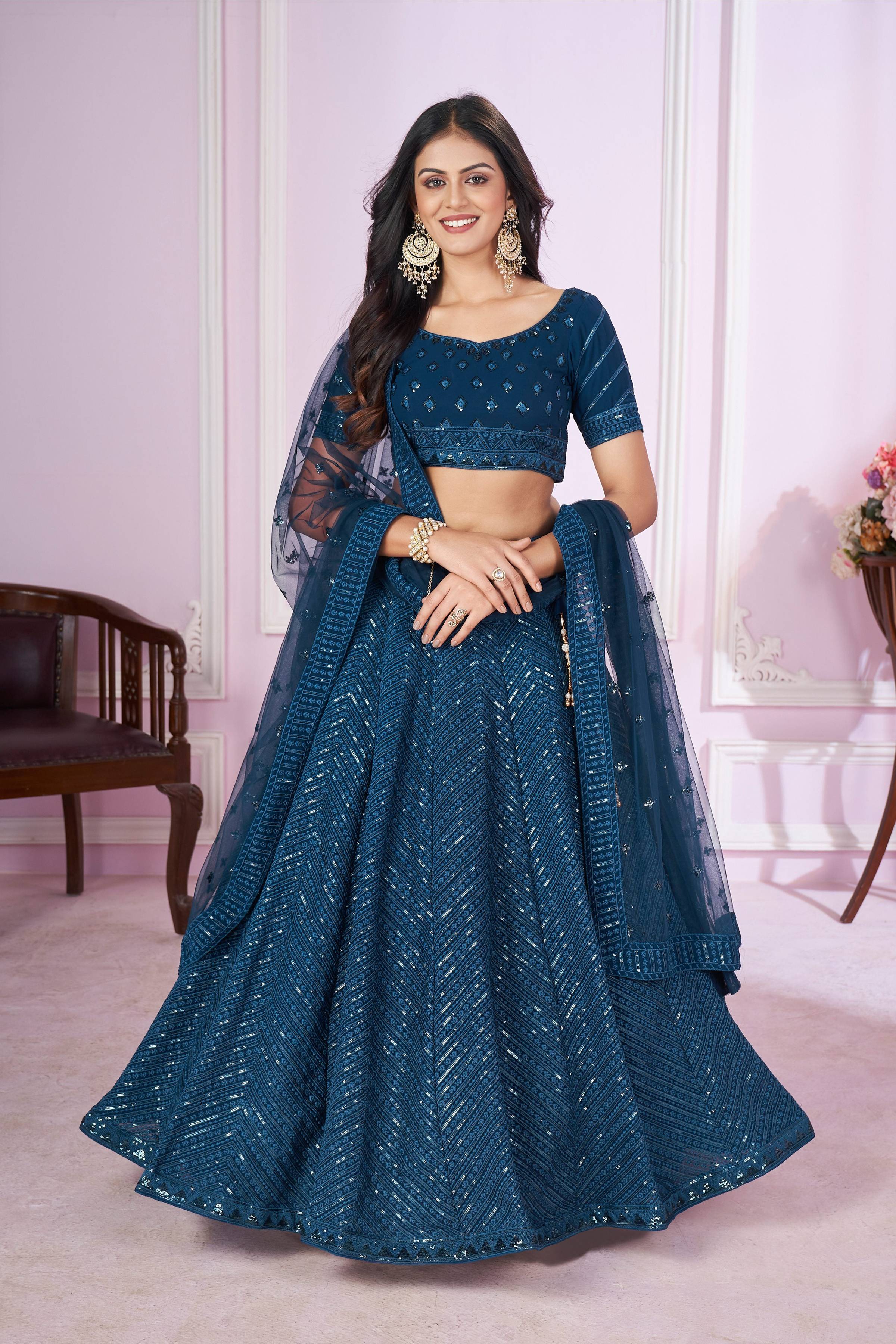 Jyoti Fashion Women's Teal Georgette Sequins Thread Embroidered Lehenga Choli & Dupatta | Grocsy