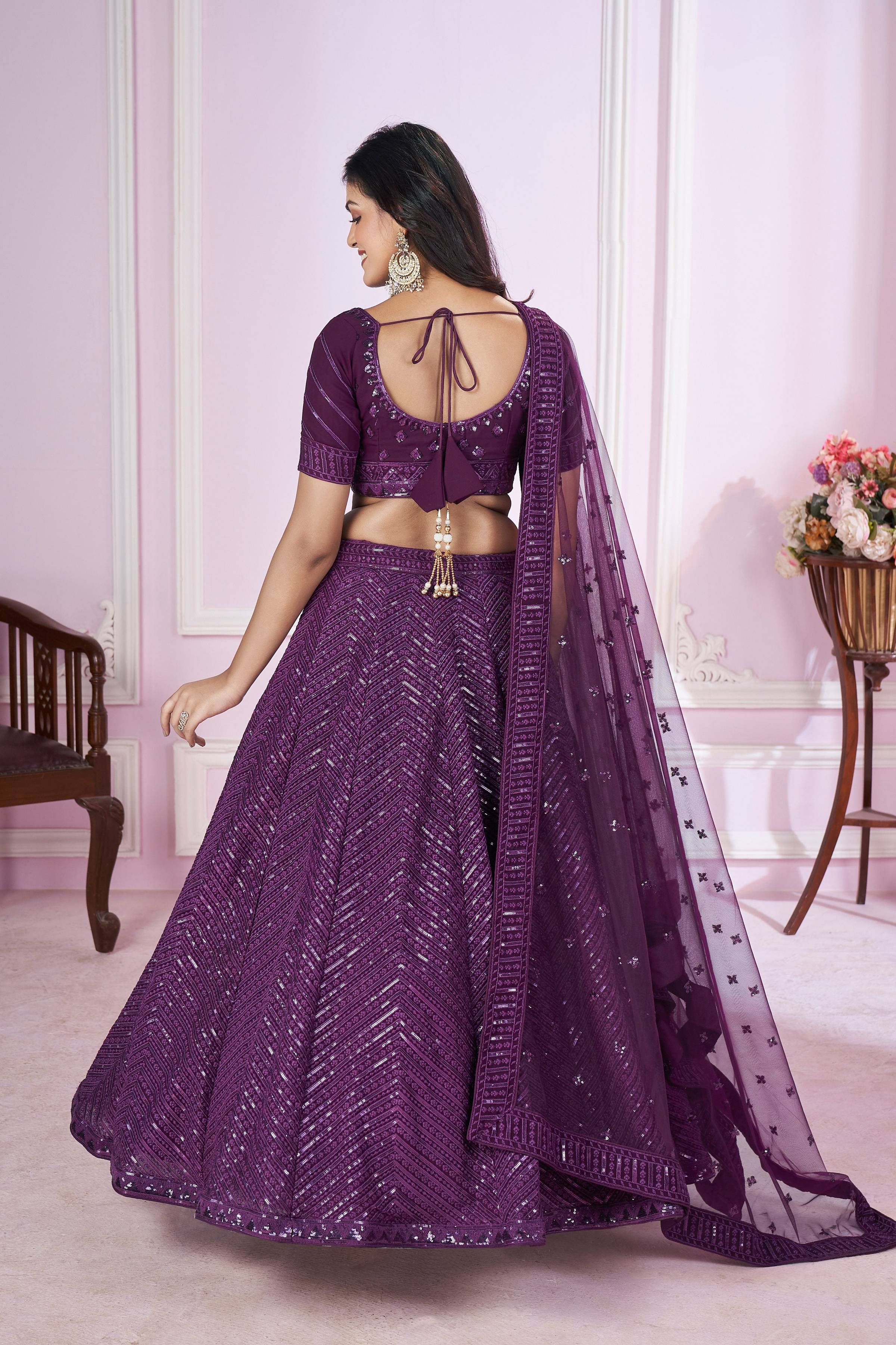 Jyoti Fashion Women's Purple Georgette Sequins Thread Embroidered Lehenga Choli & Dupatta | Grocsy