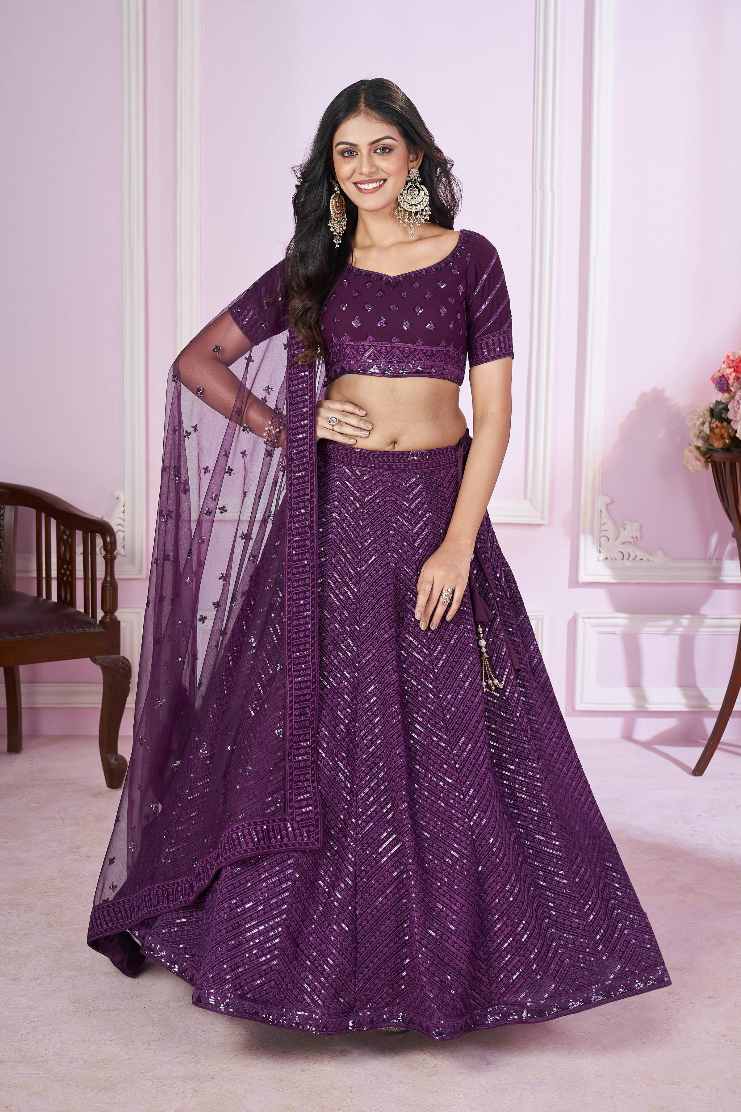 Jyoti Fashion Women's Purple Georgette Sequins Thread Embroidered Lehenga Choli & Dupatta | Grocsy