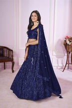 Jyoti Fashion Women's Navy Blue Georgette Sequins Thread Embroidered Lehenga Choli & Dupatta | Grocsy